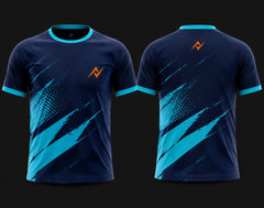 Front and back view of a navy blue and cyan custom round neck sports jersey featuring modern brushstroke graphics and performance athletic design.