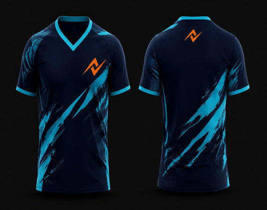 Front and back view of a navy blue and cyan custom V-neck cricket jersey featuring dynamic cyan brushstroke graphics and an orange chest logo.