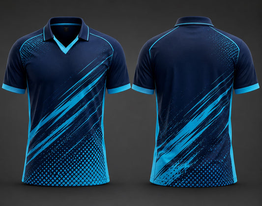 Navy blue and cyan V-neck polo cricket jersey front and back premium sublimation sports uniform