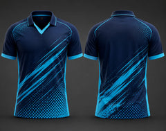 Navy blue and cyan V-neck polo cricket jersey front and back premium sublimation sports uniform