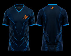 Front and back view of a navy blue V-neck esports jersey featuring electric blue cyber graphics with an orange logo on the chest and below the back neckline.