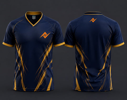 Front and back view of a navy blue and gold lightning V-neck cricket jersey featuring an orange logo on the chest and below the back neckline.