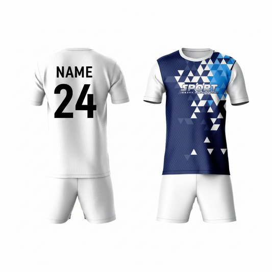 Navy blue grey patterned activewear t-shirt with white shorts back view