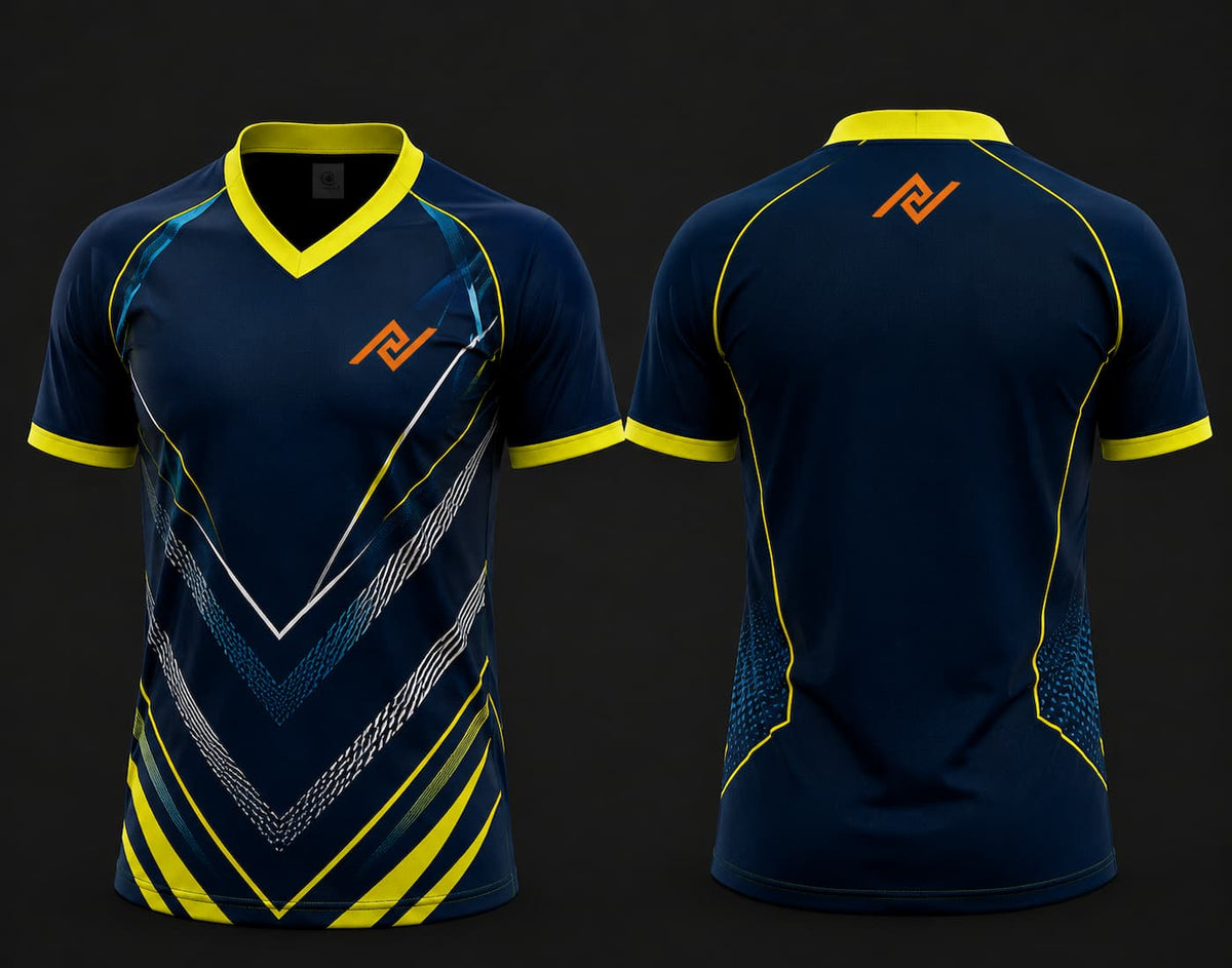 Front and back view of a navy blue V-neck cricket jersey featuring neon yellow chevron graphics with an orange logo on the left chest and below the back neckline.