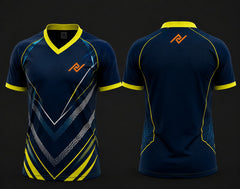 Front and back view of a navy blue V-neck cricket jersey featuring neon yellow chevron graphics with an orange logo on the left chest and below the back neckline.
