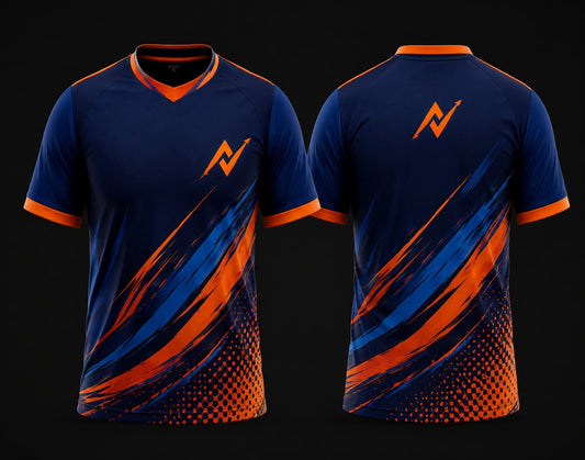 Front and back view of a navy blue and orange brush stroke V-neck cricket jersey with custom logo placement and sublimation sportswear design.