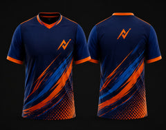 Front and back view of a navy blue and orange brush stroke V-neck cricket jersey with custom logo placement and sublimation sportswear design.