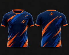Front and back view of a navy blue and orange round neck cricket jersey featuring bold diagonal graphics with an orange chest logo, customizable for cricket teams.