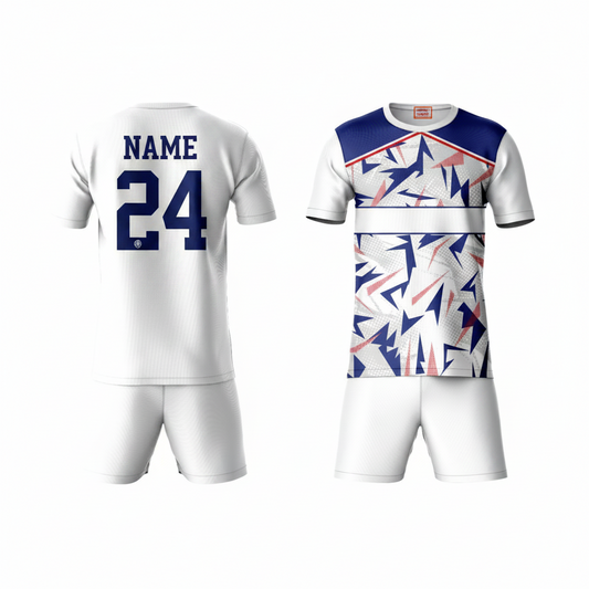 Navy blue patterned activewear t-shirt with white shorts back view