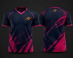 Navy blue and pink custom V-neck cricket jersey featuring bold pink brush-stroke graphics with chest logo and back neck logo, shown in front and back view.