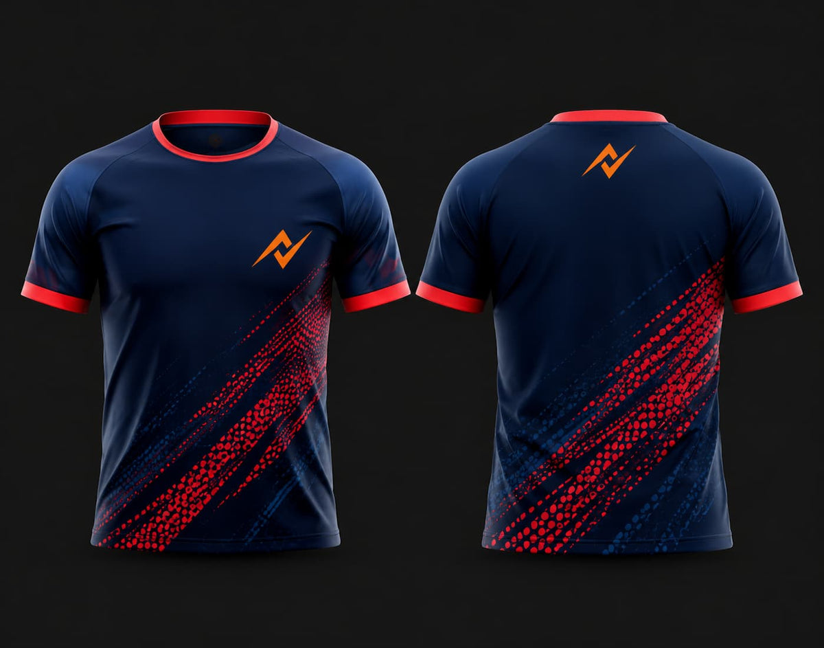 Front and back view of a navy blue and red round neck cricket jersey featuring red halftone graphics and an orange chest logo, customizable for cricket teams.
