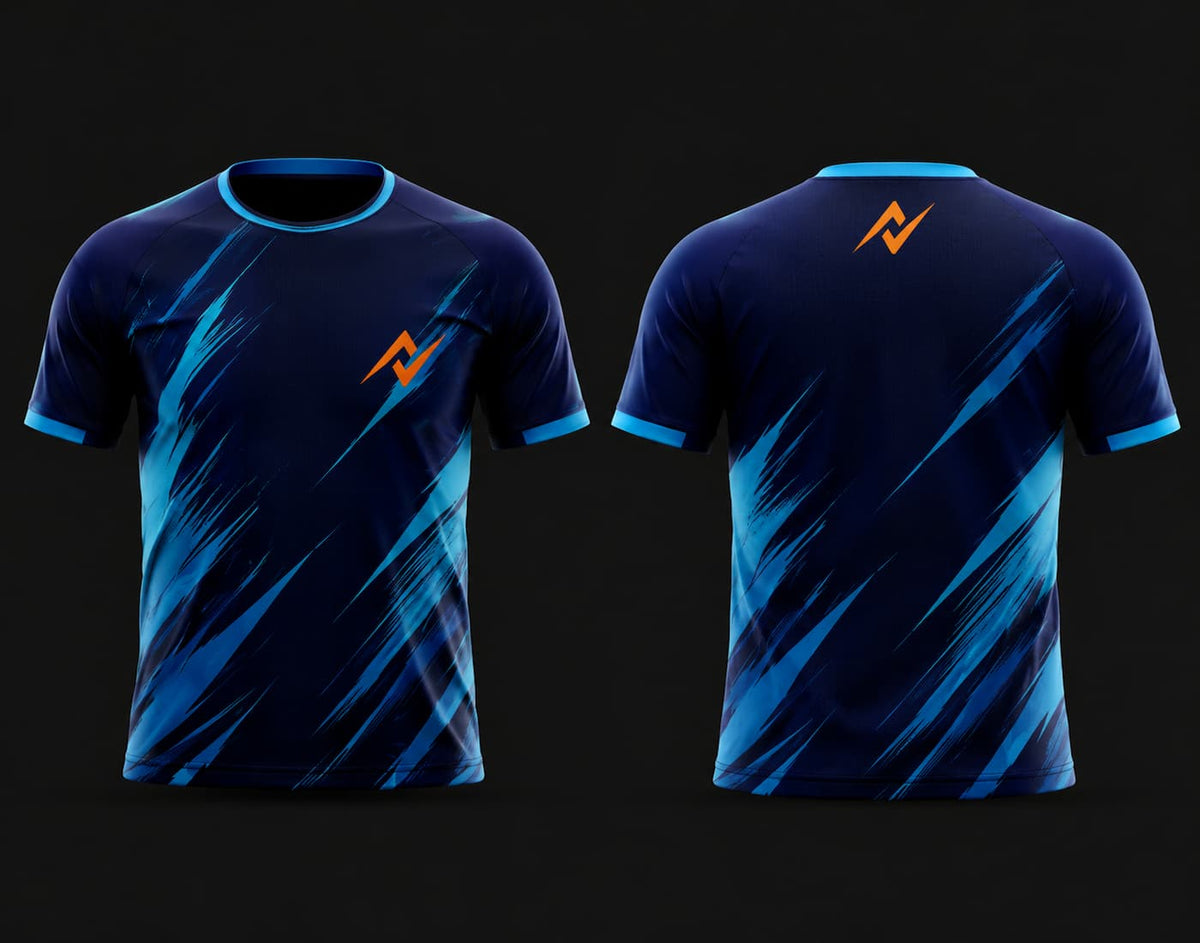 Front and back view of a navy blue round neck cricket jersey with cyan brushstroke graphics and orange logo, customizable team sports jersey.