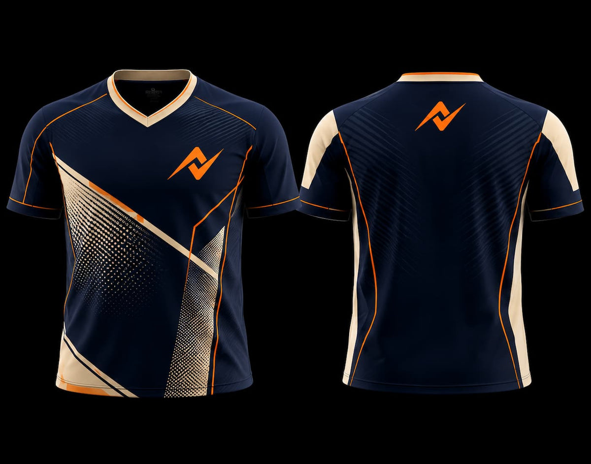 Front and back view of a navy blue and sand V-neck esports jersey featuring orange geometric accents, halftone graphics, and a custom logo on the chest and upper back.
