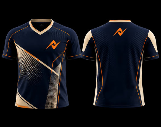 Front and back view of a navy blue and sand V-neck esports jersey featuring orange geometric accents, halftone graphics, and a custom logo on the chest and upper back.