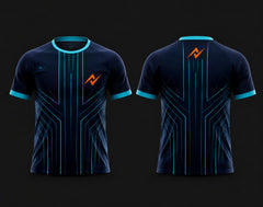 Front and back view of a navy blue round neck cricket jersey with cyan tech-line graphics and an orange chest logo, customizable for cricket teams.