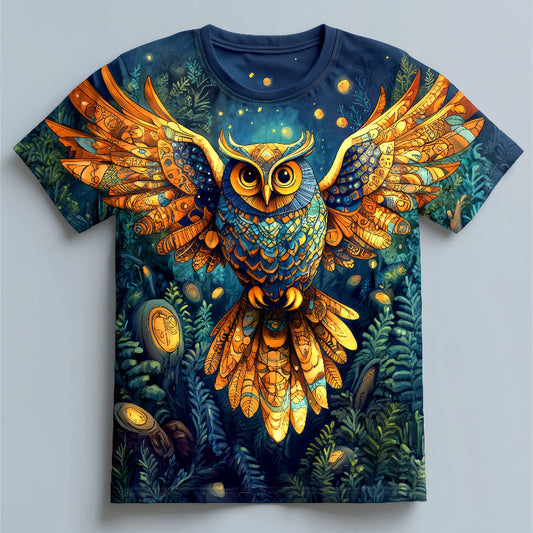 Next Print A navy blue tshirt with a detailed illustration of an owl