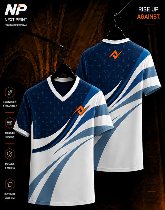 Navy blue and white wave V-neck sports jersey by Next Print with front and back view