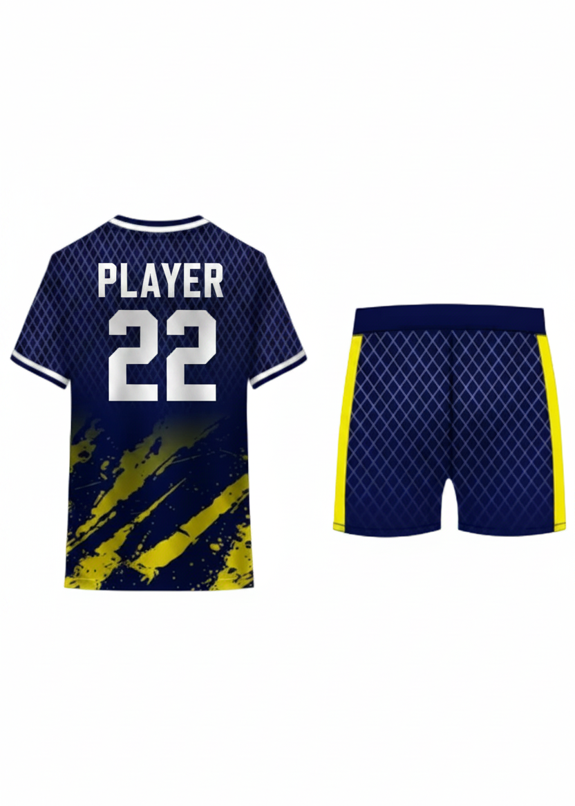 Navy blue custom sports jersey with yellow accents and matching shorts for cricket, football and team uniform sublimation printing