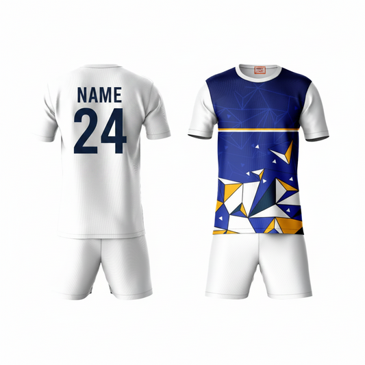 Navy blue yellow activewear t-shirt with white shorts back view