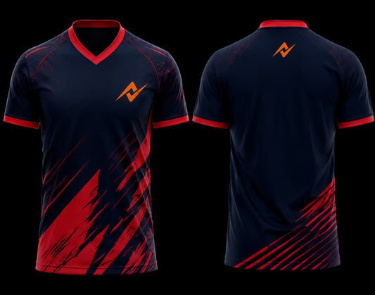 Front and back view of a navy blue and crimson red V-neck cricket jersey featuring dynamic brushstroke graphics with an orange chest logo and upper back logo.