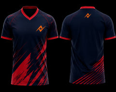Front and back view of a navy blue and crimson red V-neck cricket jersey featuring dynamic brushstroke graphics with an orange chest logo and upper back logo.