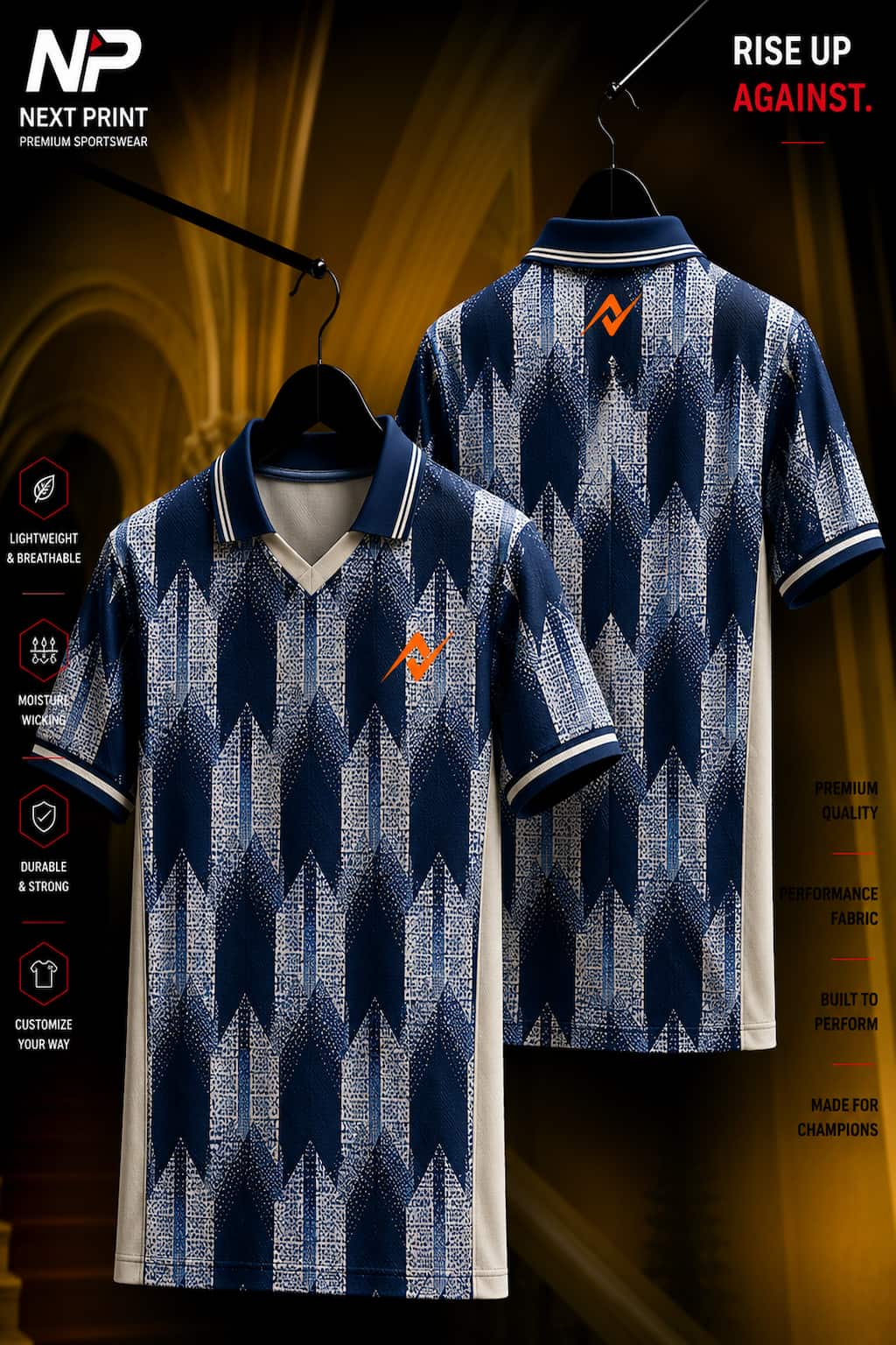Front and back view of a navy blue heritage pattern polo sports jersey with ivory side panels and premium dry-fit performance fabric.