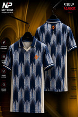 Front and back view of a navy blue heritage pattern polo sports jersey with ivory side panels and premium dry-fit performance fabric.