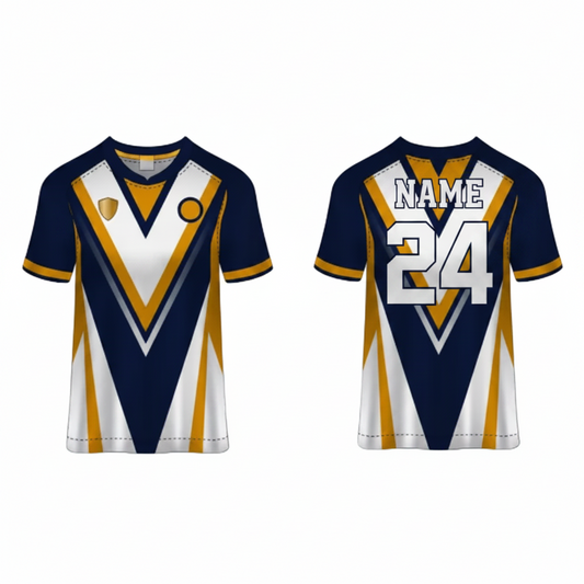 Navy white gold gaming jersey back side with custom gamer name