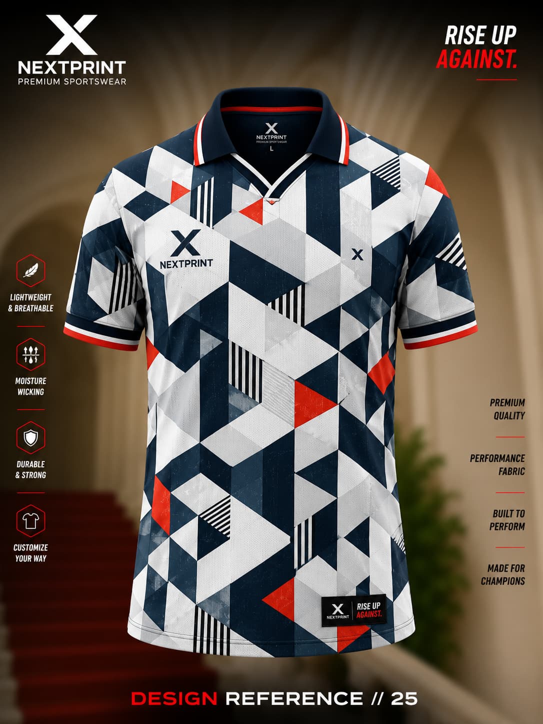 Navy, white, and red geometric V-neck cricket jersey featuring modern triangle graphics and premium moisture-wicking performance fabric.