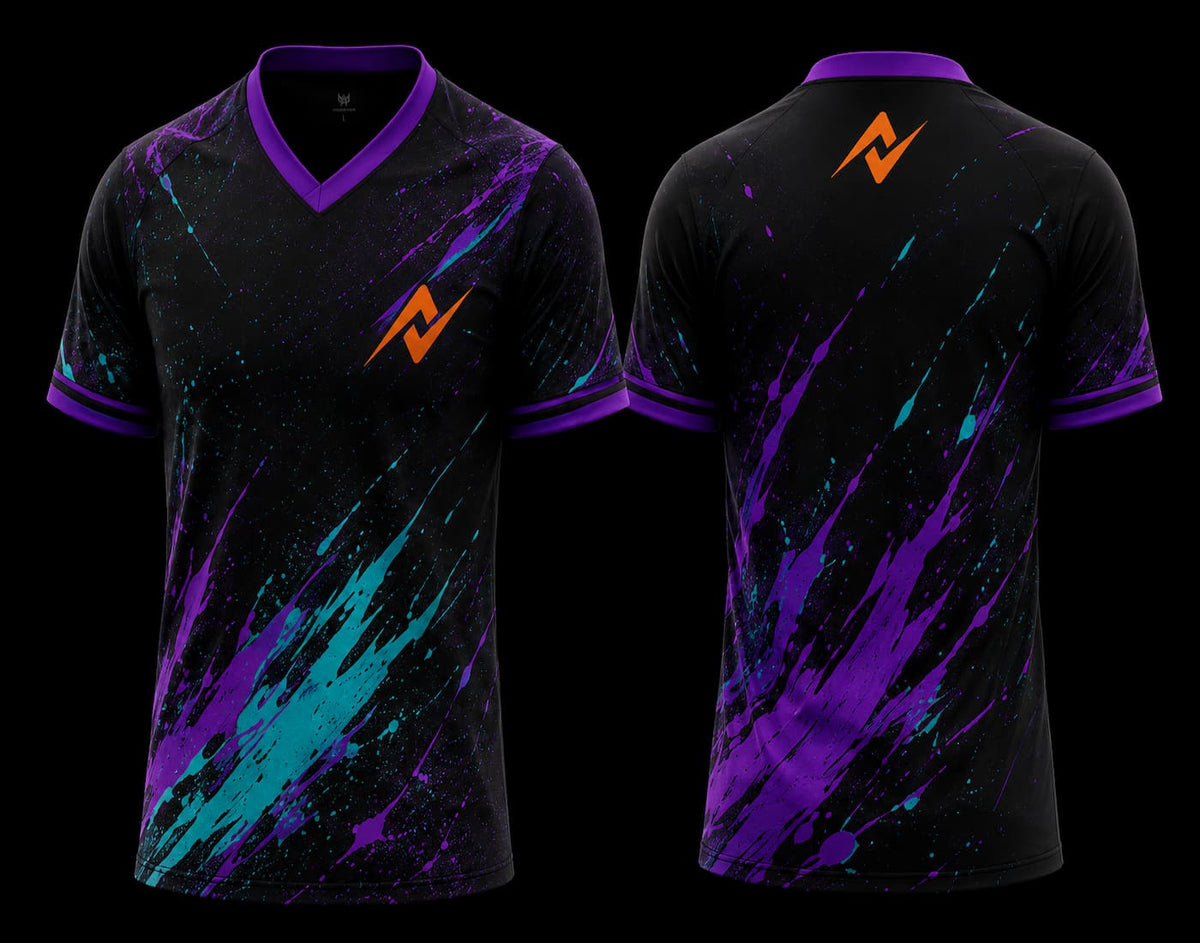 Front and back view of a black V-neck esports jersey featuring purple and cyan paint splash graphics with an orange team logo on the chest and upper back.