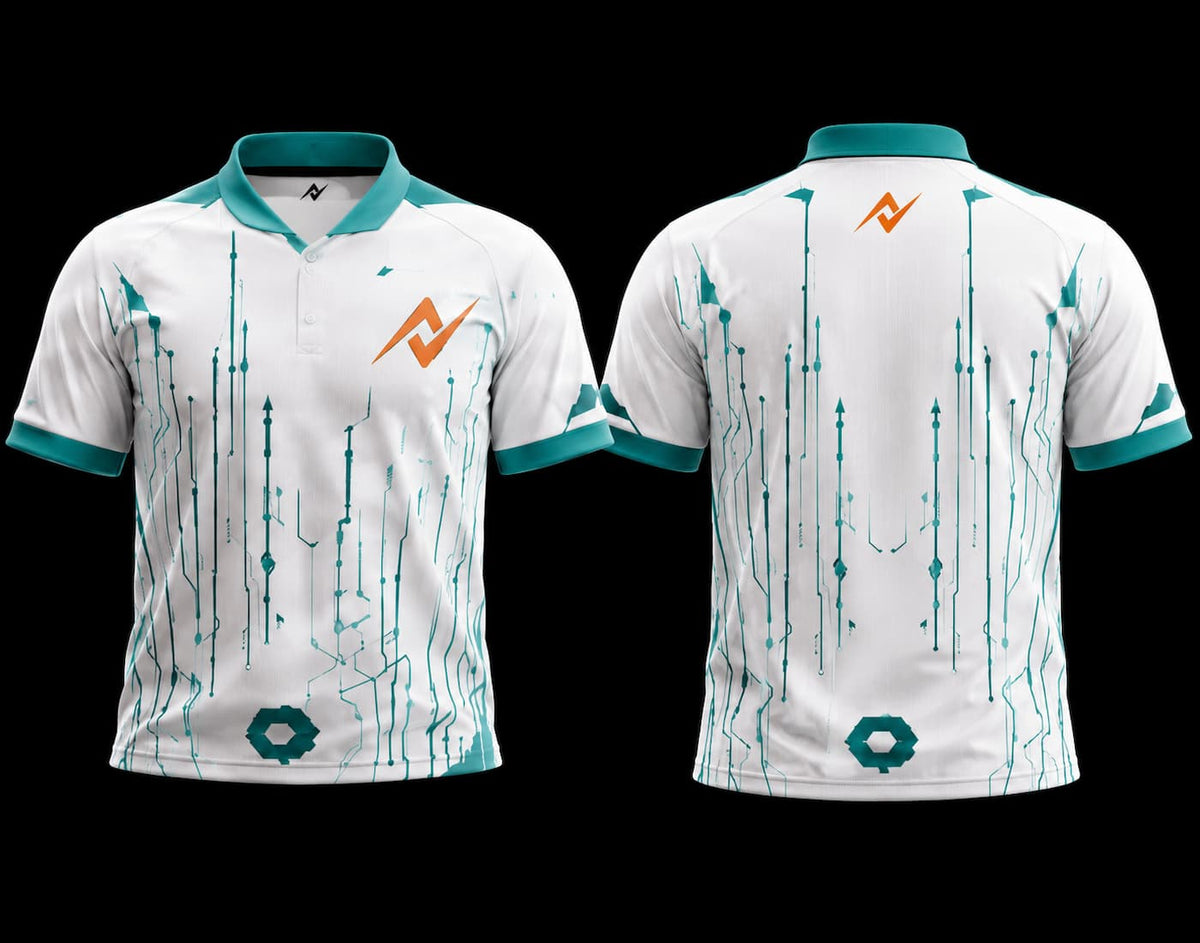 White and teal futuristic K-Pop esports jersey with cyber circuit graphics, orange chest logo, and matching back neck logo shown in front and back view.