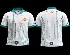 White and teal futuristic K-Pop esports jersey with cyber circuit graphics, orange chest logo, and matching back neck logo shown in front and back view.