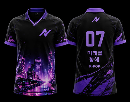 Front and back view of Neon City K-Pop polo collar jersey featuring a futuristic purple cyber city skyline with black and violet color combination.
