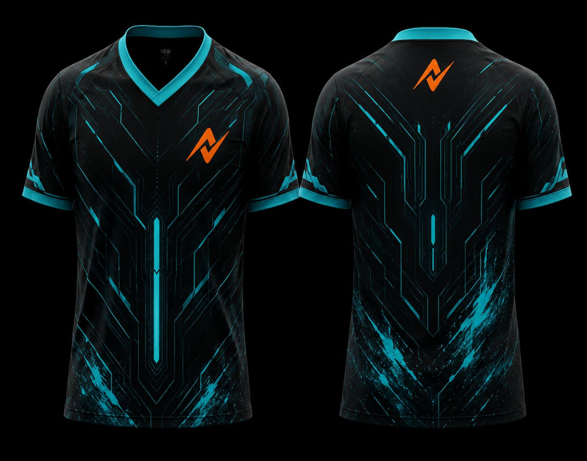 Front and back view of a black and cyan V-neck esports jersey featuring futuristic circuit graphics with an orange team logo on the chest and upper back.