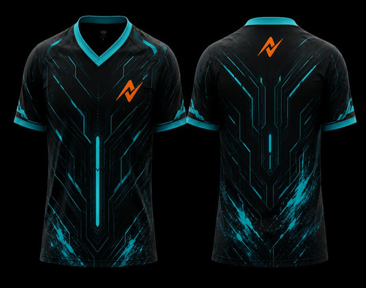 Front and back view of a black and cyan V-neck esports jersey featuring futuristic circuit graphics with an orange team logo on the chest and upper back.
