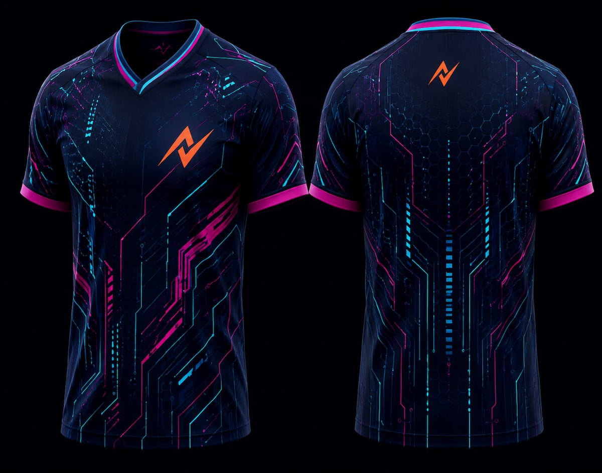 Front and back view of a midnight navy V-neck esports jersey featuring neon cyan and magenta cyber circuit graphics with an orange logo on the chest and upper back.