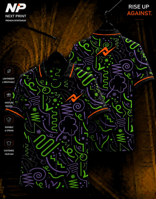 Neon doodle black sublimation polo sports jersey with green and purple abstract pattern by Next Print