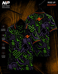 Neon doodle black sublimation polo sports jersey with green and purple abstract pattern by Next Print