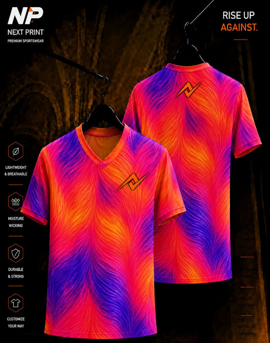 Neon Flow multicolor abstract wave sublimation V-neck sports jersey front and back by Next Print