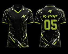 Front and back view of a black and neon lime green V-neck polo K-pop jersey featuring futuristic circuit graphics, cyberpunk patterns, and premium sublimation printing.
