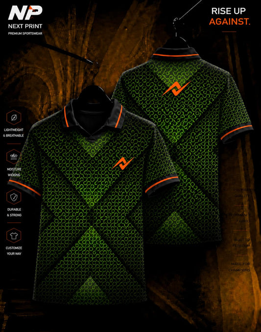 Neon green and black abstract wave polo sports jersey with Next Print logo, front and back view