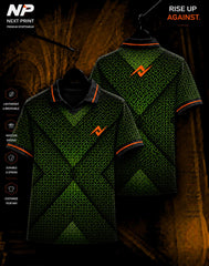 Neon green and black abstract wave polo sports jersey with Next Print logo, front and back view