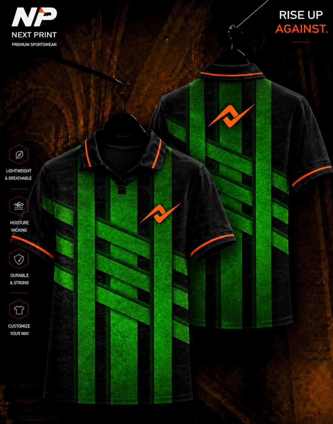 Neon green and black geometric stripe polo sports jersey front and back design by Next Print