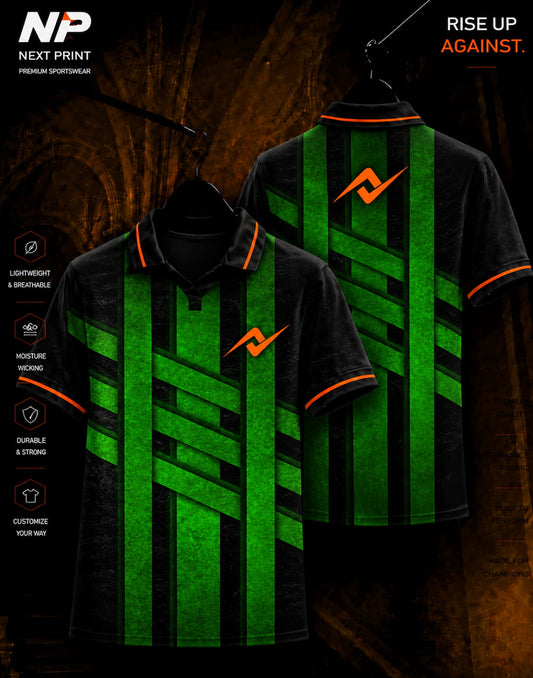 Neon green and black geometric stripe polo sports jersey front and back design by Next Print