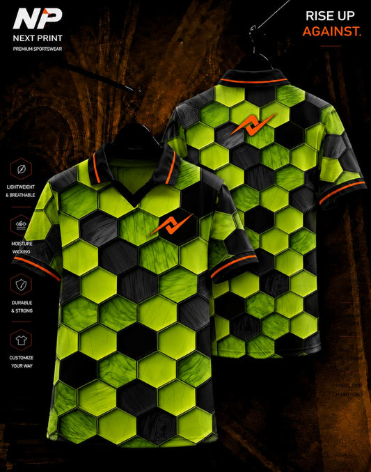 Neon green and black hexagon pattern sublimation polo sports jersey by Next Print with front and back view