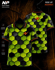 Neon green and black hexagon pattern sublimation polo sports jersey by Next Print with front and back view