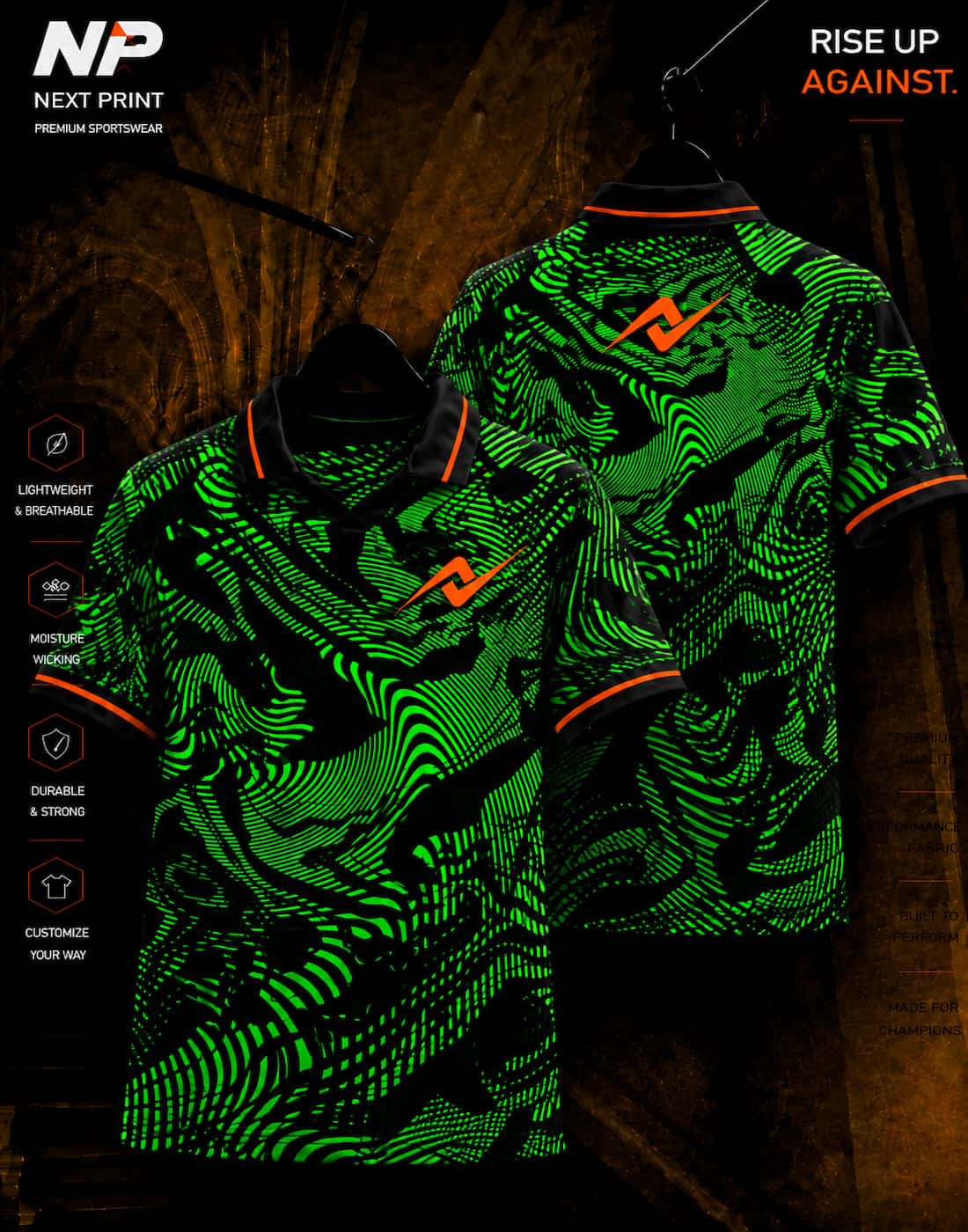 Neon green and black optical wave sublimation polo sports jersey front and back by Next Print