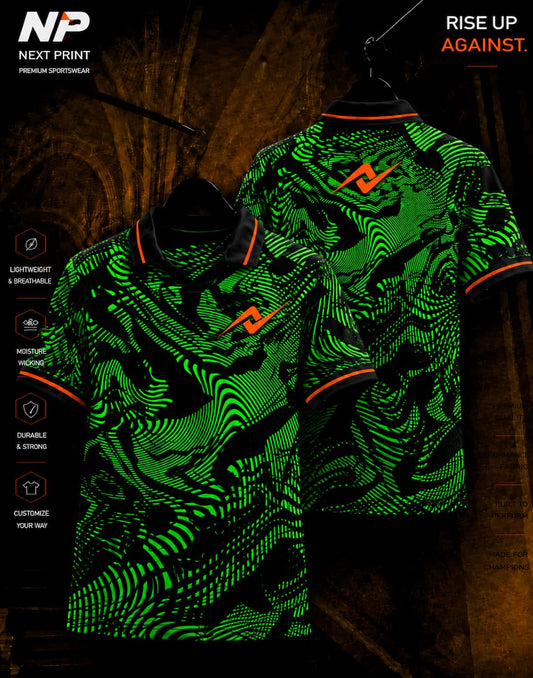 Neon green and black optical wave sublimation polo sports jersey front and back by Next Print