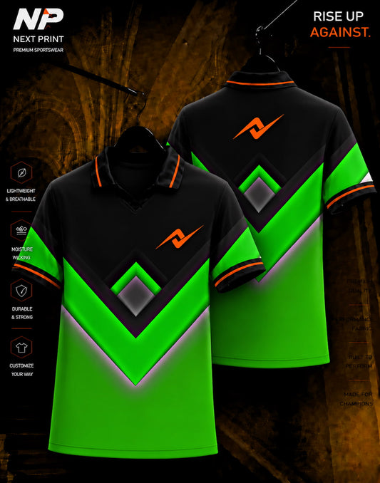 Neon green black and grey V-strike sublimation polo sports jersey by Next Print shown in front and back view