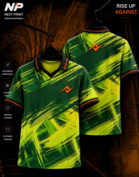 Neon Green Brush Strike sublimation sports jersey with dark green and electric yellow abstract graphics by Next Print
